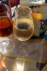 Sherry fino, manzanilla, olorosso wine, jerez fortified wine made from palomino white grape served in Jerez de la Frontera, Cadiz, Andalusia, Spain