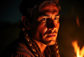 A man with braided hair stares intensely into the darkness, illuminated by a fire's glow.