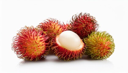 Fresh rambutan fruit with one cut open, showcasing its juicy white flesh.
