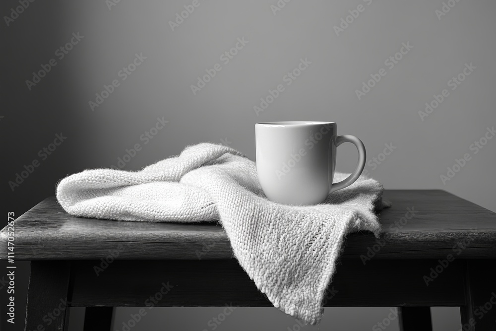 Poster a white mug sits on a table next to a white cloth. the mug is empty and the cloth is folded. the sce