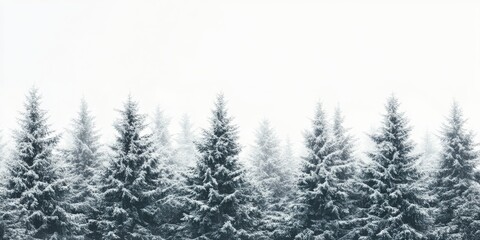 Fototapeta premium Snow-covered pine trees in a tranquil winter forest under a soft, overcast sky, creating a serene and peaceful atmosphere.