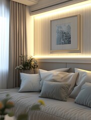 Stylish bedroom corner with oversized pillows cozy atmosphere modern home soft lighting inviting design