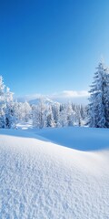Obraz premium Captivating winter scene featuring snow-laden trees under a bright blue sky, creating a peaceful and picturesque mountain landscape.