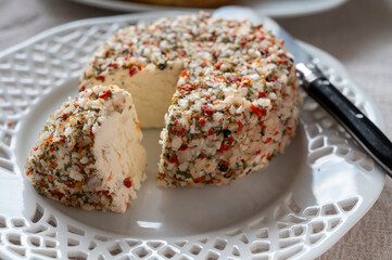 French cheese collection, fresh white soft goat cheese with aromatic herbs, garlic, parsley and red peppers close up