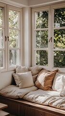 Fototapeta premium Tranquil reading nook with pillows cozy home interior design bright environment natural light relaxation concept