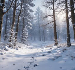 Obraz premium Snowy forest landscape with twinkling snowflakes, cold, forest