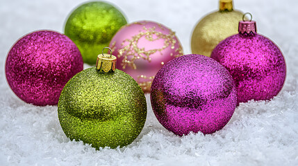 Close-up of six sparkly Christmas ornaments in pink and green resting on a bed of artificial snow. Festive and cheerful holiday image.