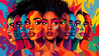 Obraz premium Bold and Vibrant Abstract Silhouette Painting- Pop art illustration, Vibrant African American Women Portrait Collage in Rainbow Colors