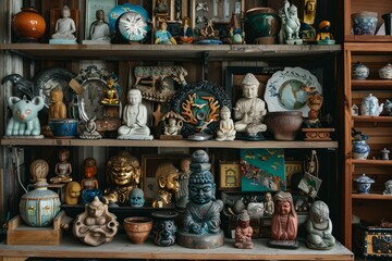 Fototapeta premium Wooden shelves displaying a collection of asian artifacts and statues for sale in an antique shop