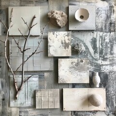 A creative arrangement of natural and textured elements in neutral tones, perfect for modern interior design inspiration.