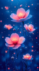 Dreamy Neon Flowers Wall Art with Glowing Petals on a Starry Night Background