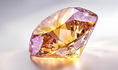 Faceted gemstone, amber color with light refraction on white background.