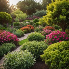A peaceful garden with neatly trimmed bushes and colorful flowers.