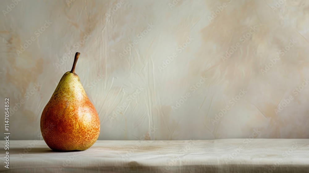 Poster tranquil simplicity with a close-up shot of a lone pear on a neutral surface, inviting viewers to ap