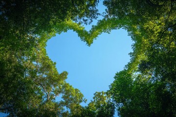 A heart-shaped gap in the forest canopy revealing a clear blue sky, symbolizing love for nature.