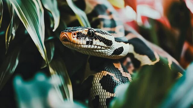 Colorful python snake resting among lush green foliage in a tropical setting