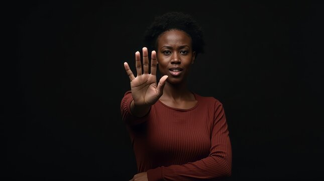 Mulher negra fazendo gesto de pare, fundo preto