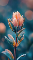 Fototapeta premium Blooming peach-colored tulip against a soft blurred background during early morning light at a tranquil garden