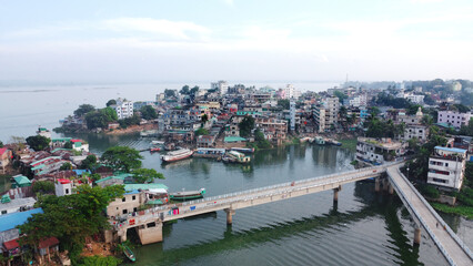 Fototapeta premium Aerial view of lake city Rangamati in Bangladesh. Beautiful skyline of Rangamati near chittagong hill district. 