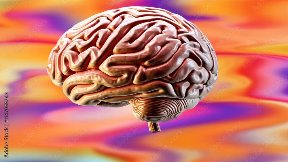 Poster visualization of a human brain against a colorful abstract background representing creativity and th