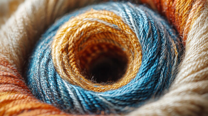 Close-up of colorful yarn arranged in a spiral