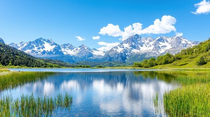 Fototapeta premium Calm alpine lake reflects snow-capped mountain peaks under a bright blue sky.