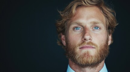 Obraz premium Close-up portrait of a young man with blond hair and blue eyes, wearing a suit and tie, against a dark background.