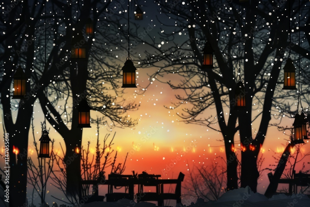 Poster a table with a few candles on it. the candles are hanging from the trees