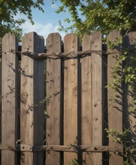 Fototapeta premium Weathered wooden fence with vines and branches, outdoors, rust, plants
