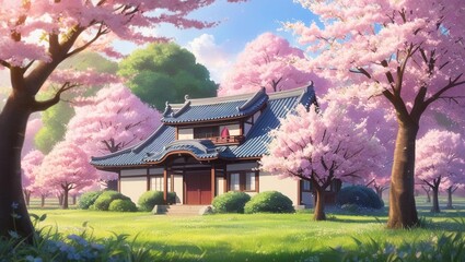 Fototapeta premium Anime-style Spring Orchard: A tranquil anime-style background of a traditional house surrounded by lush, blooming cherry blossom trees and a vibrant orchard.
