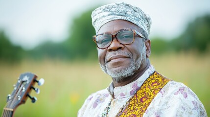Smiling senior man with guitar in field.
