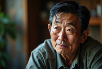 Fototapeta premium A thoughtful older Asian man in a green shirt looks off to the side.