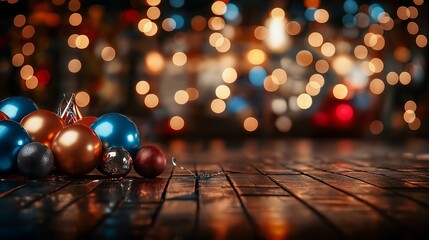 Ornaments on a wooden table with bokeh lights in background.