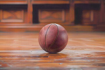 Brązowa piłka do koszykówki spoczywająca na drewnianej podłodze w hali sportowej.