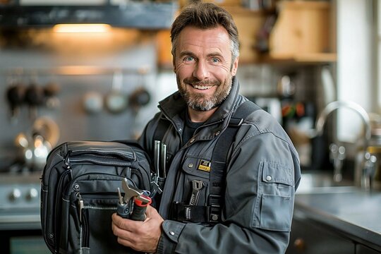 Portrait of a smiling male worker holding a toolkit in a kitchen, ready to repair an oven or sink.