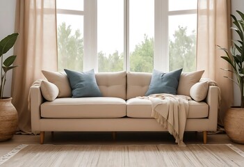 Modern Boho Living Room Design with Beige Fabric Sofa by Window