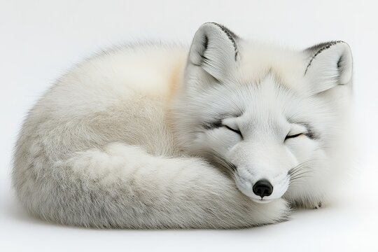Soft, curled white fox peacefully resting, showcasing delicate f