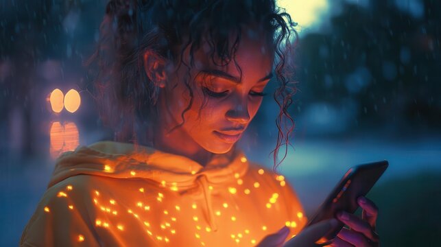 A bright park where an influencer checks their phone, glowing follower milestones creating an optimistic vibe