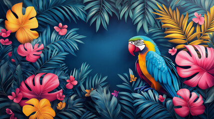 Tropical Paradise: A vibrant macaw perched amidst lush, colorful tropical foliage, creating a stunning backdrop for a vacation, travel, or nature-inspired design.  