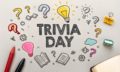 National Trivia Day in bold hand-drawn doodle typography on solid color background with playful geometric shapes, bright neutral lighting