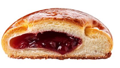 Delicious cherry-filled bun cut in half on transparent background