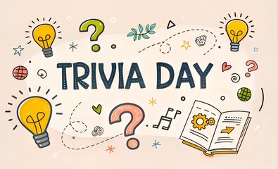 National Trivia Day in bold hand-drawn doodle typography on solid color background with playful geometric shapes, bright neutral lighting