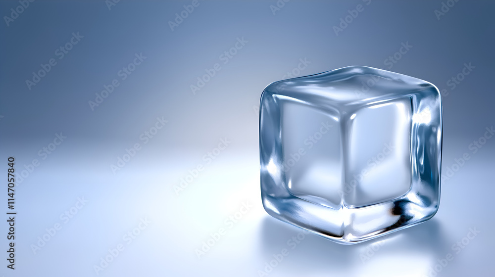 Poster a single, clear ice cube resting on a reflective surface with a soft blue background.