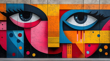 Vibrant Eyes Mural: Abstract Geometric Portrait