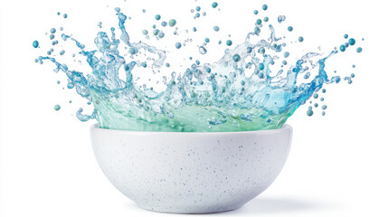 A creamy blue matcha latte splash, intricate splatter effects, vibrant blue-green gradients, swirling textures in a white ceramic bowl, isolated against a pristine white background, hyper-realistic an