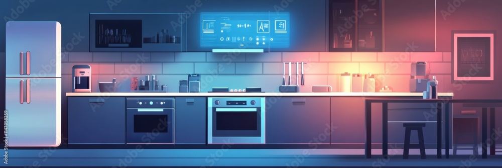 Poster A sleek kitchen features advanced smart appliances, highlighting modern design and functionality in a bright, inviting atmosphere. Generative AI
