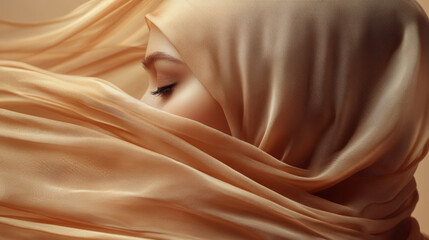 Golden Embrace: A woman's face is gently veiled by flowing, golden fabric, creating a serene and enigmatic portrait.  The soft lighting and luxurious texture evoke feelings of warmth, mystery.