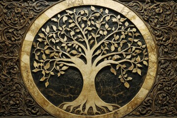 Obraz premium Ornate carved tree of life, circular frame.