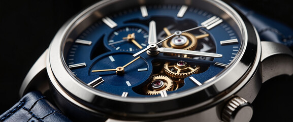 Close-up of luxury mechanical watch with visible gears and blue dial on leather strap