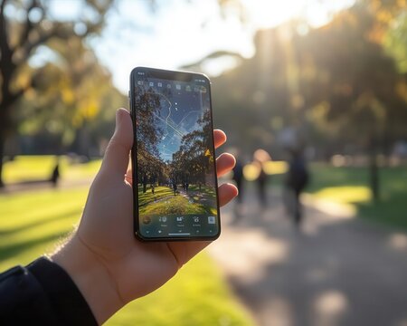 A glowing feed displayed on a phone as creators interact during a community meetup in a sunny park